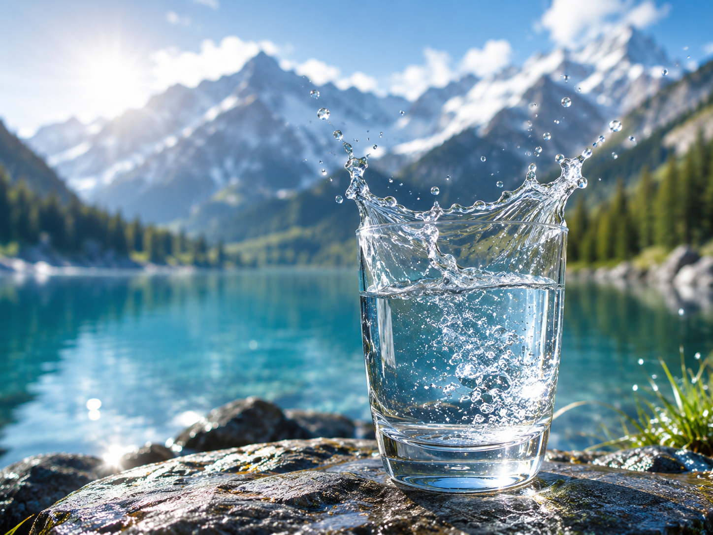 Glas mit klarem Alpenwasser vor Bergsee