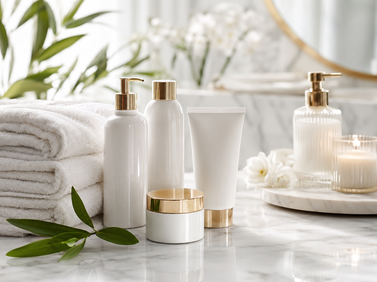 Weiße Kosmetik- und Pflegeprodukte in luxuriösem Spa-Ambiente