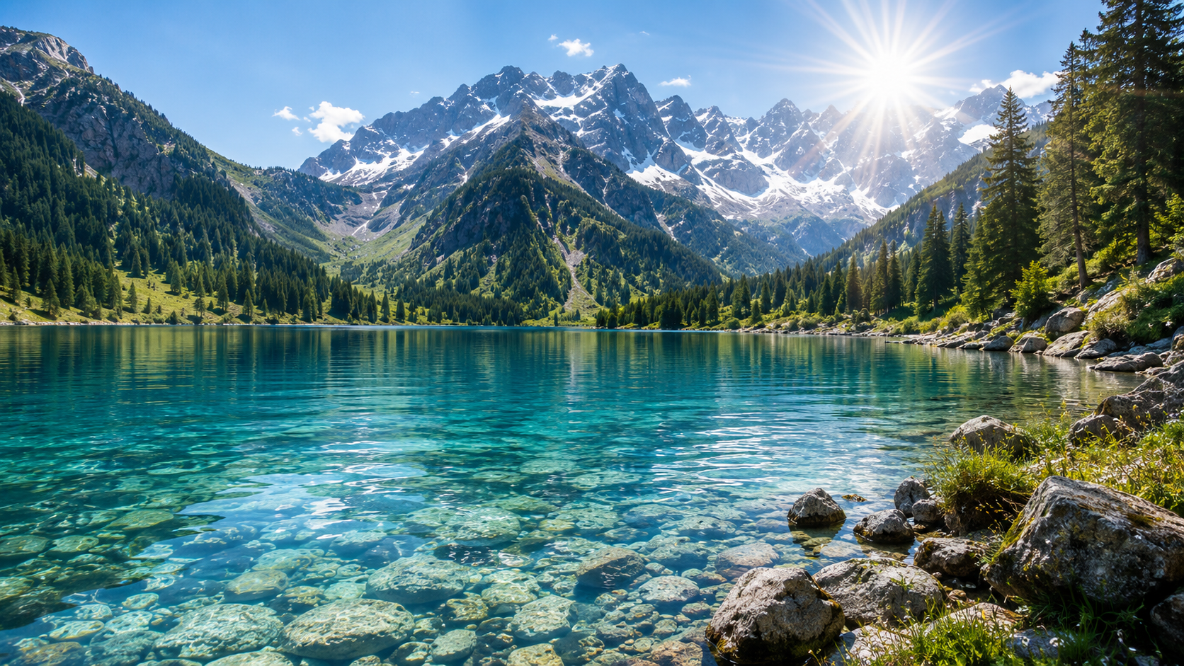 Kristallklarer Alpensee mit Bergen